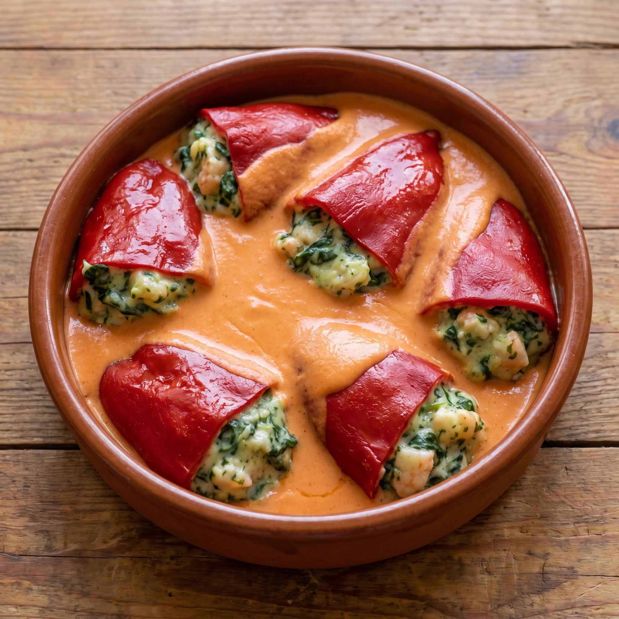 Pimientos rellenos de espinacas y gambas