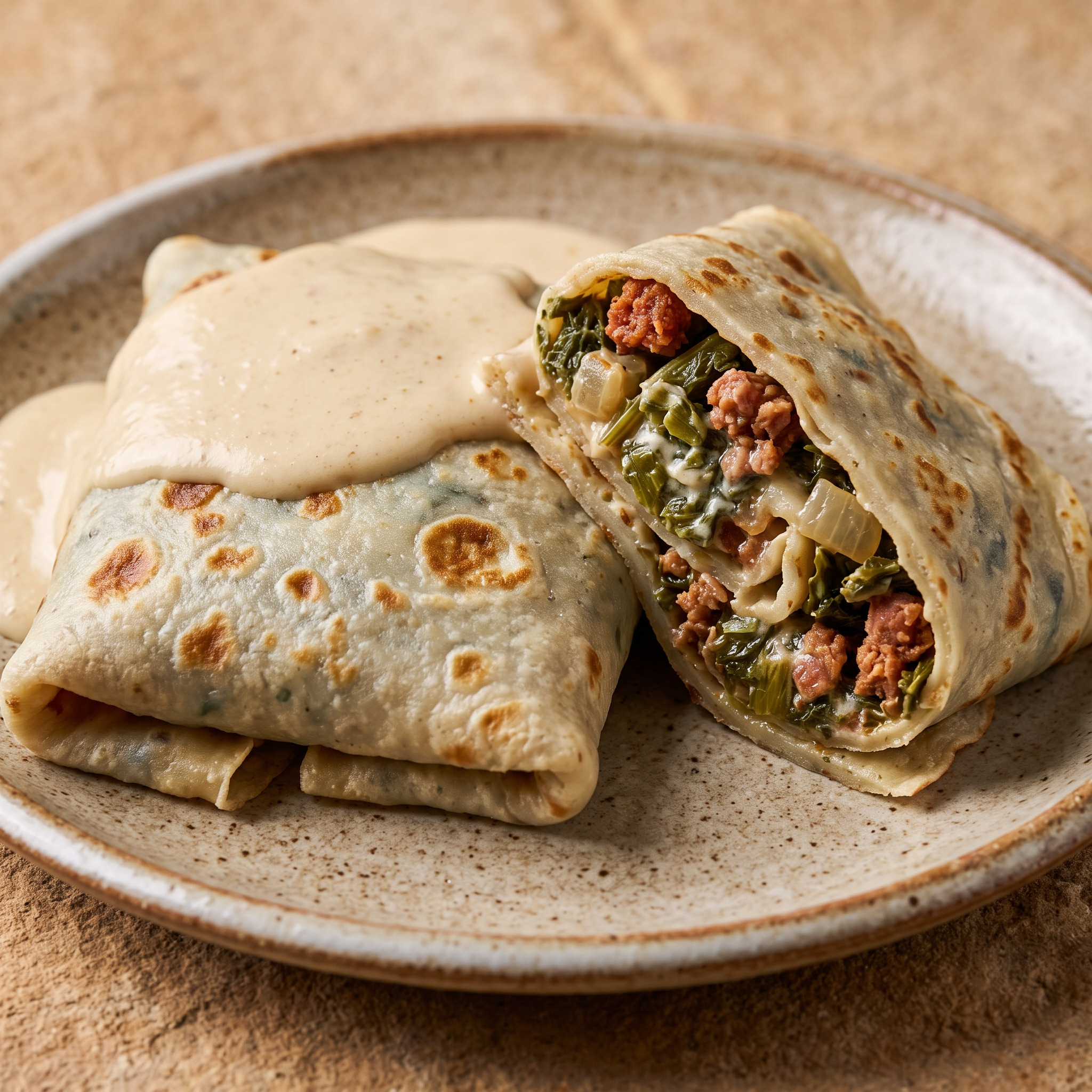Herzhafte Filloas aus Galicien mit Grelos und Chorizo