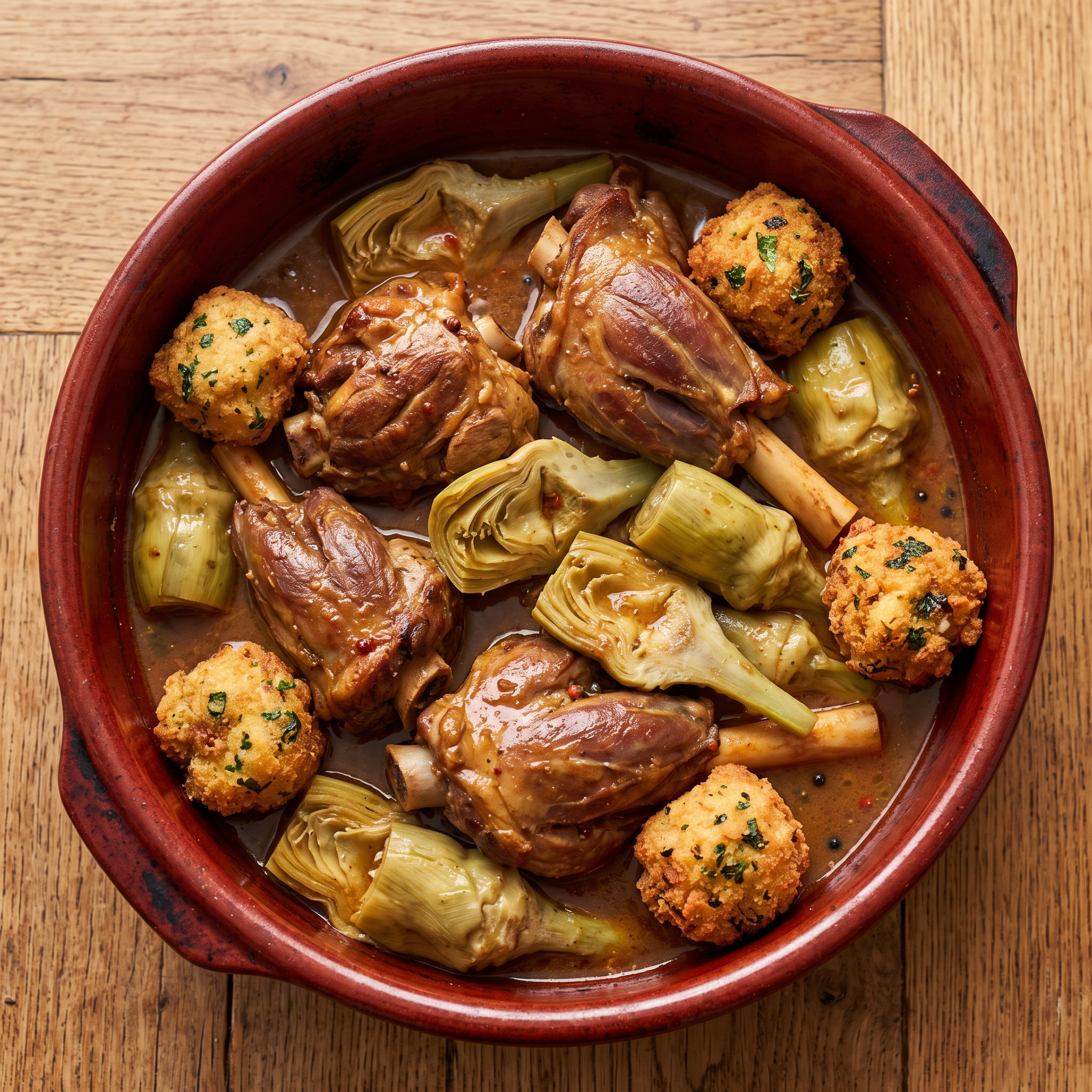 Jarretes de ternasco mit Artischocken und huevos tontos