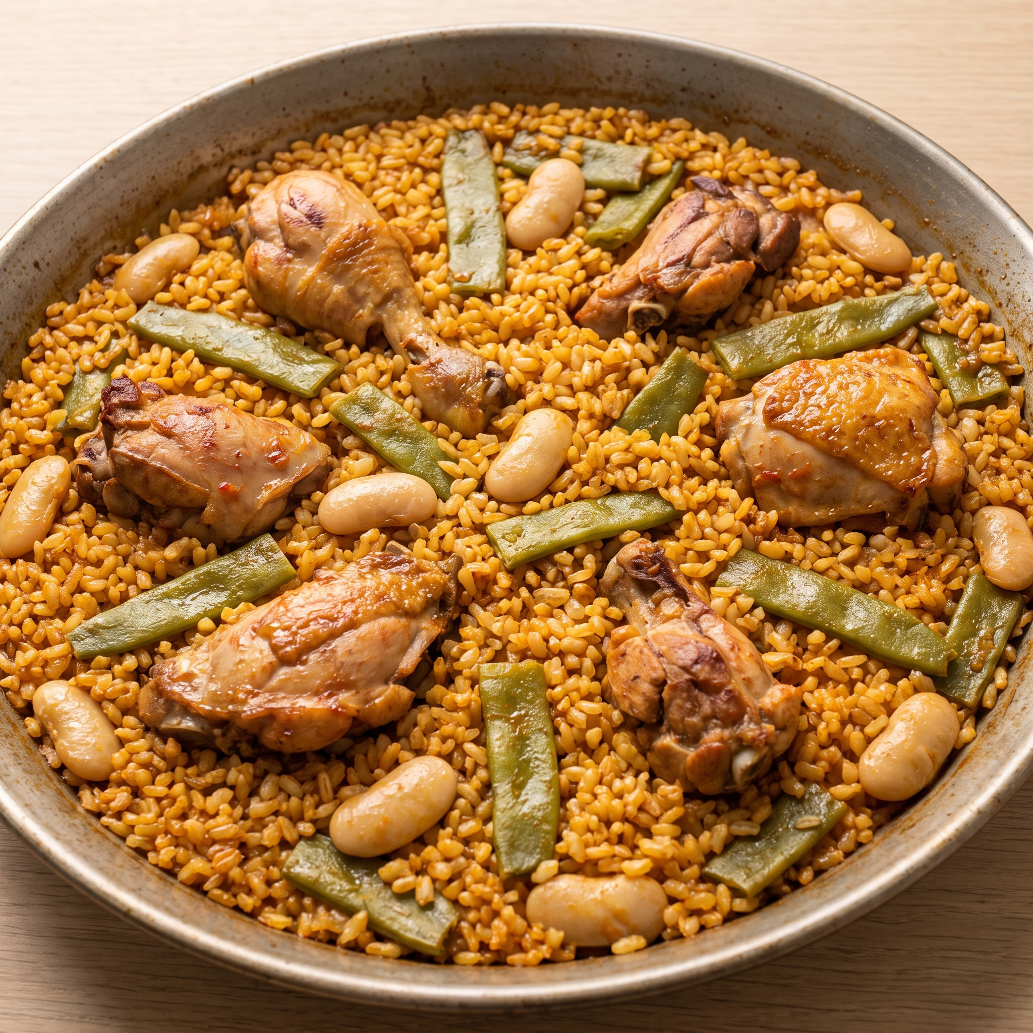 Paella valenciana mit Huhn und Kaninchen