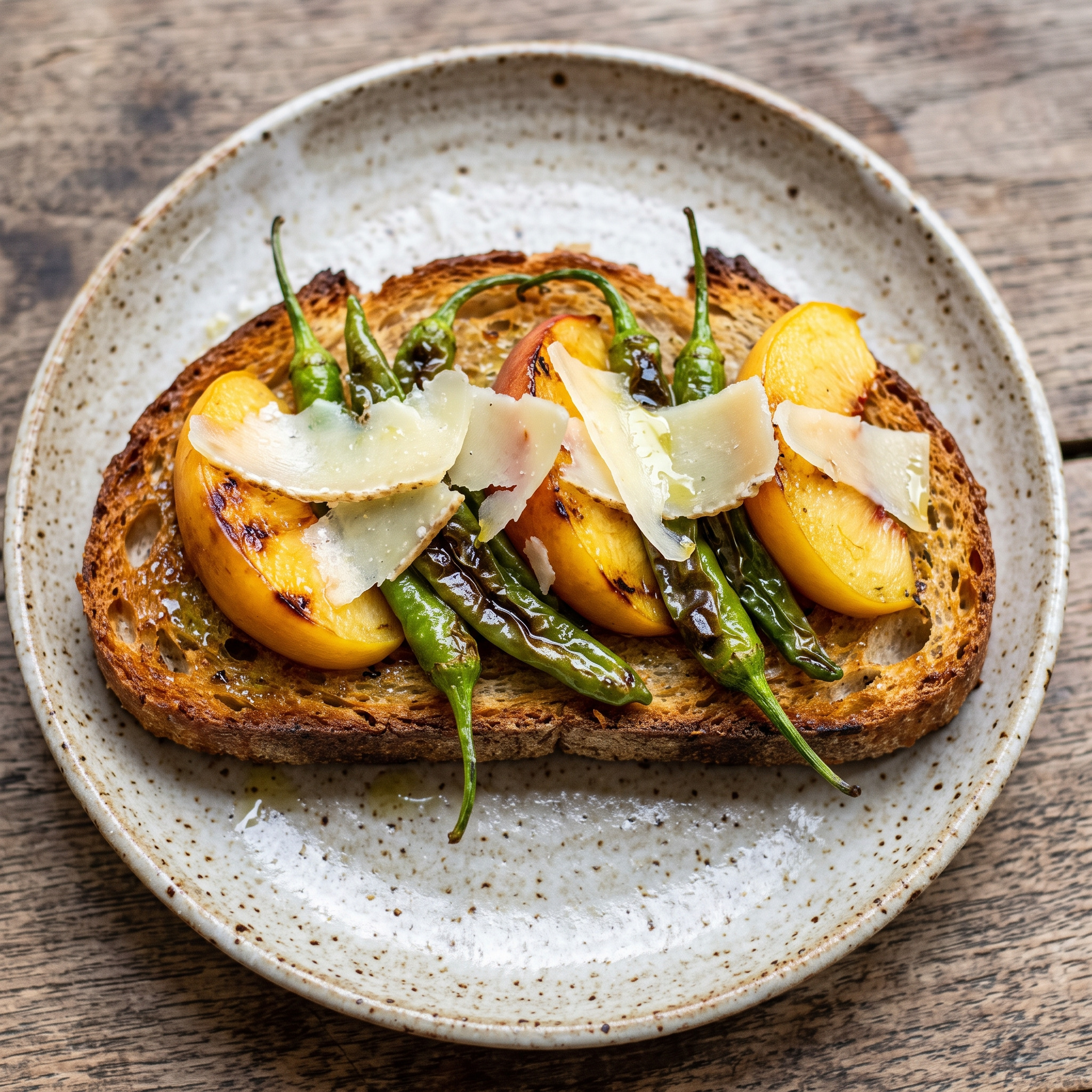 Tosta de piparras, melocotón e Idiazabal