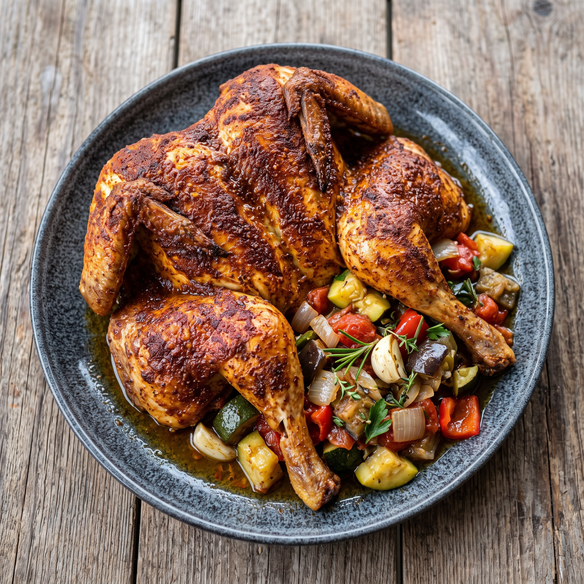 Ganzes Poulet vom Grill mit Ratatouille