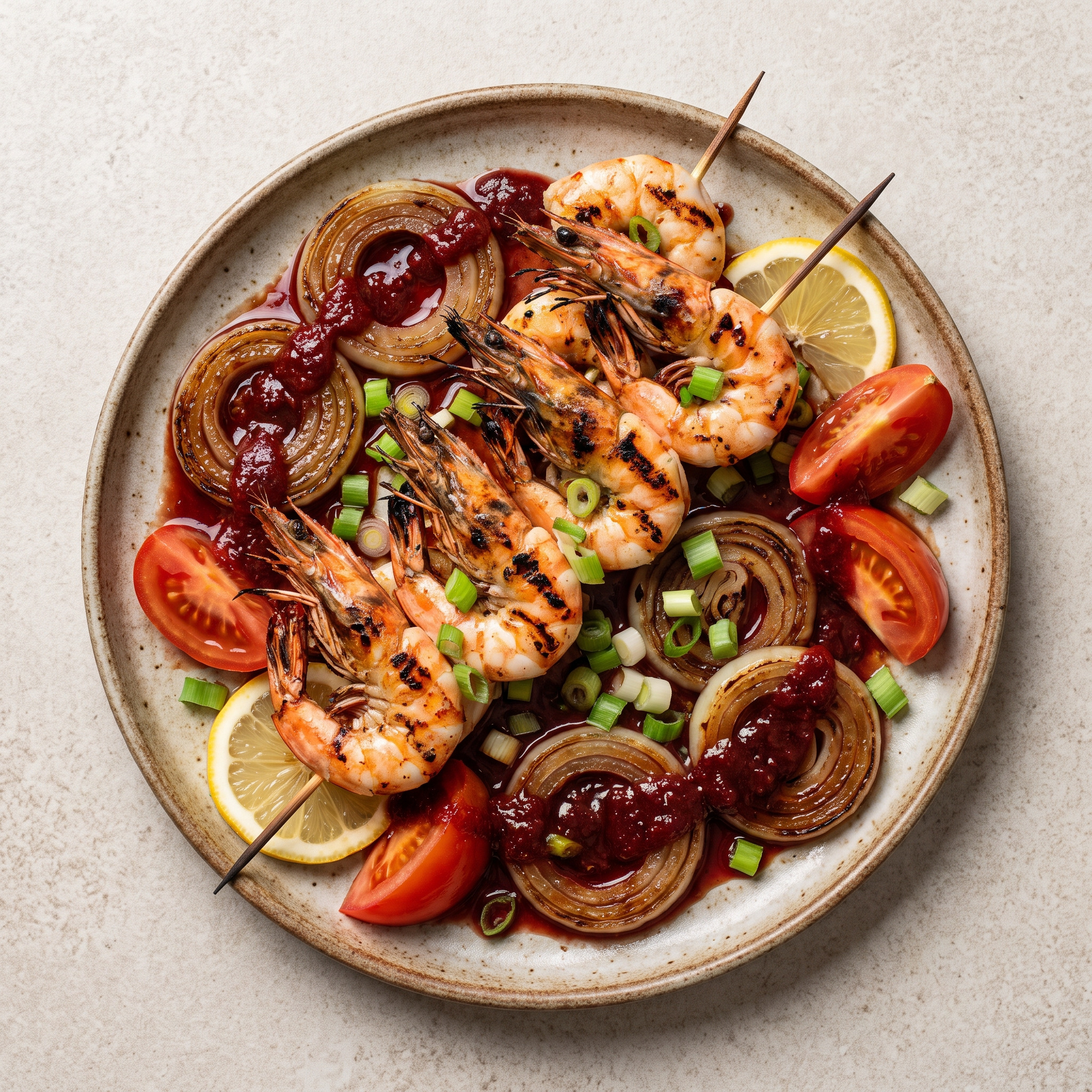 Garnelenspieße mit Narsharab-Zwiebelmarinade