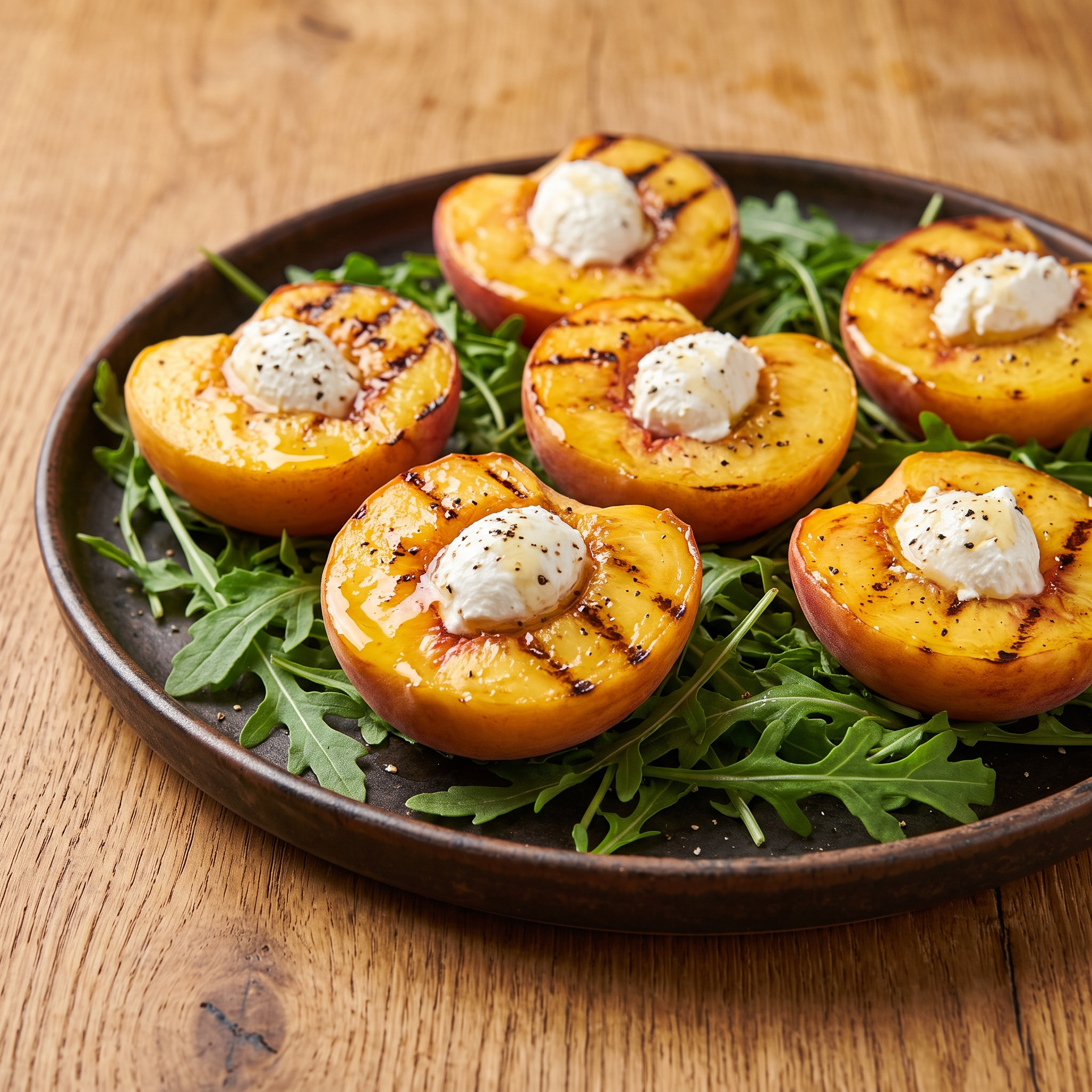 Gegrillte Pfirsiche mit Ziegenkäse und Rucola