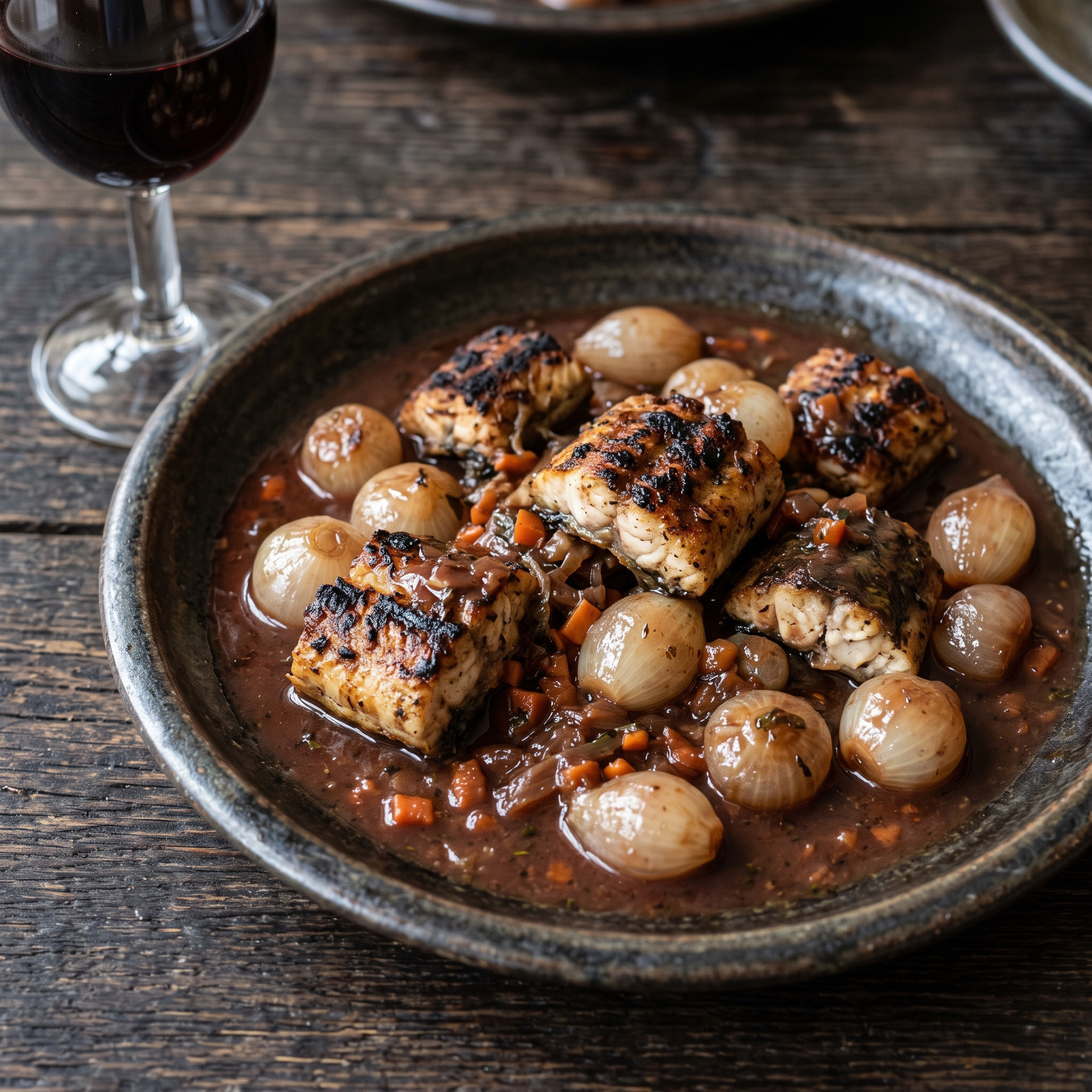 Grillaal mit Weinzwiebeln