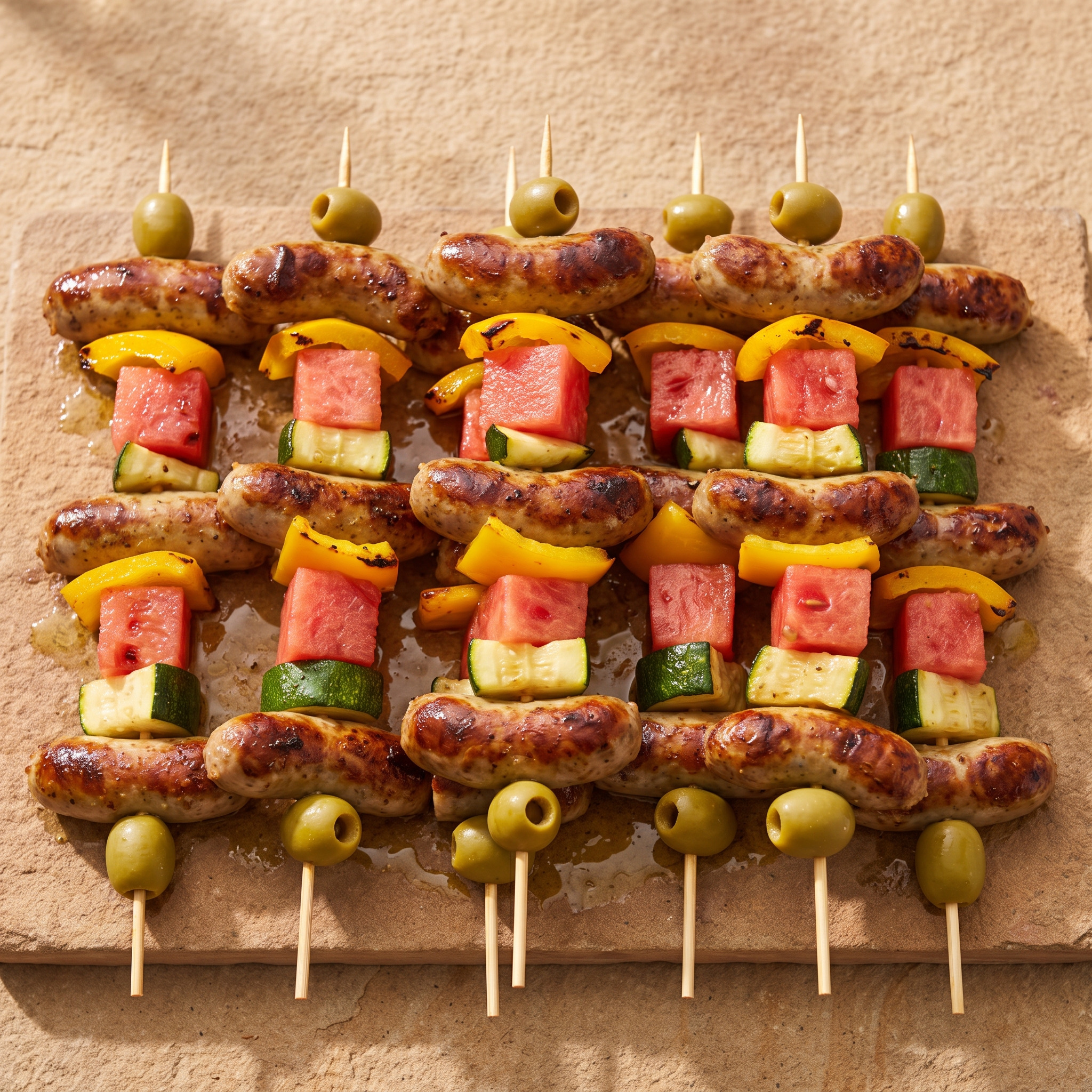 Nürnberger Rostbratwurst-Spieße mit Grillmelone