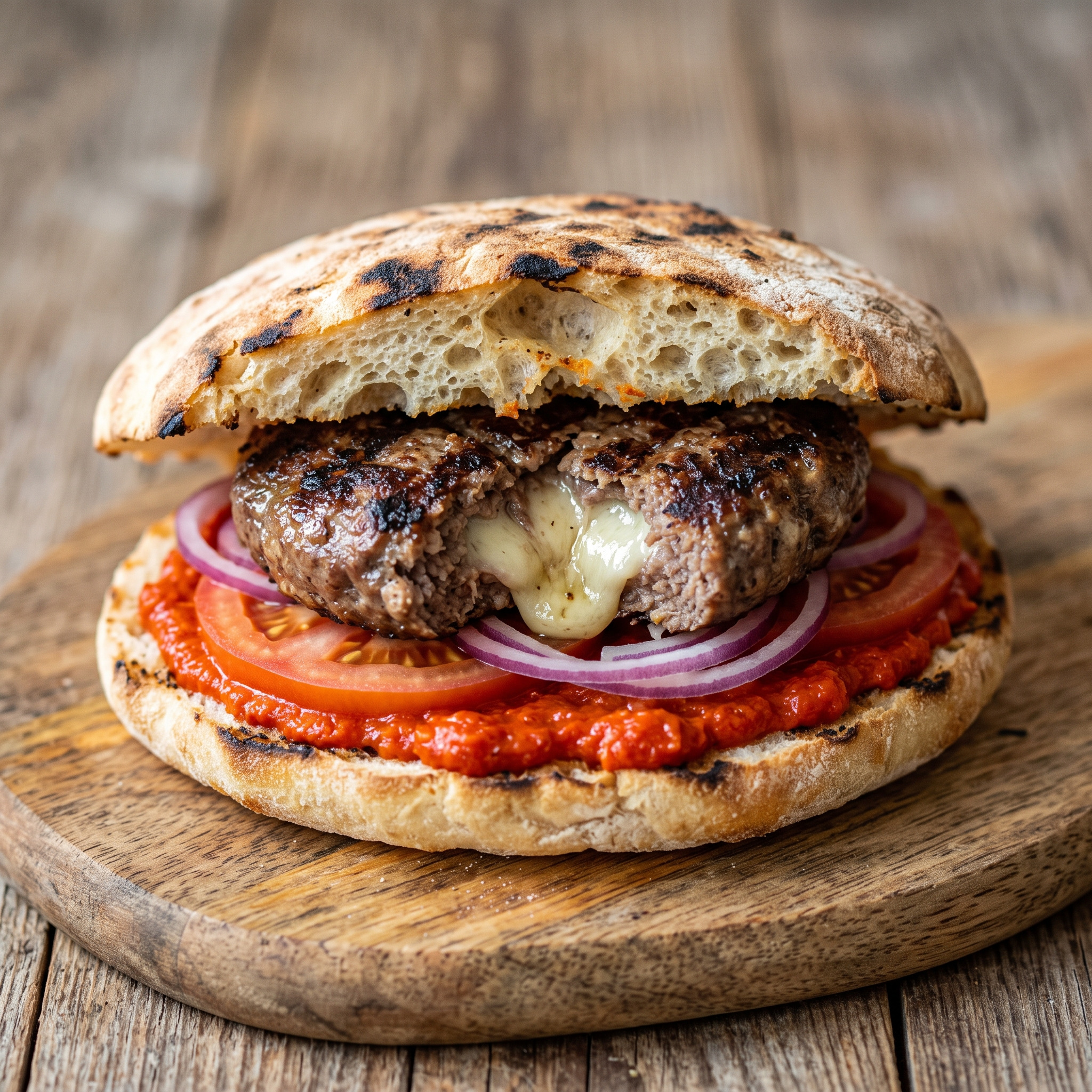 Saftiges Patty, würziger Käse, gegrillter Fladen
