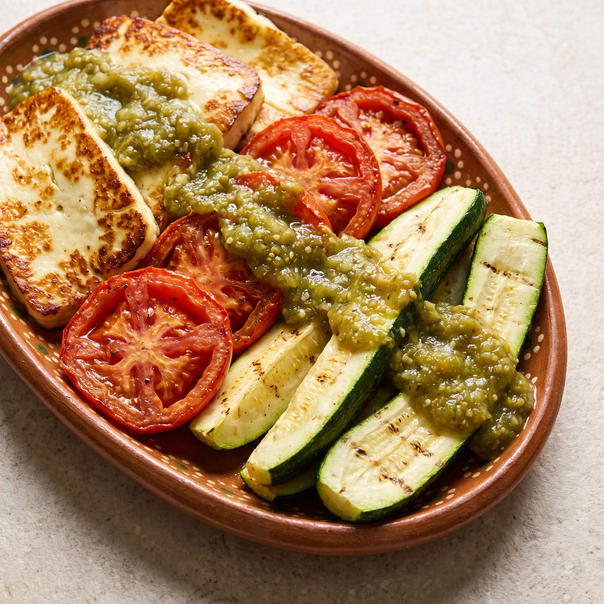 Queso asado mit Jitomate und Calabacitas