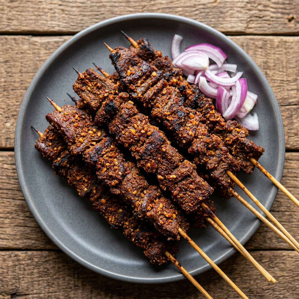 Rindfleisch-Suya direkt über kräftiger Glut
