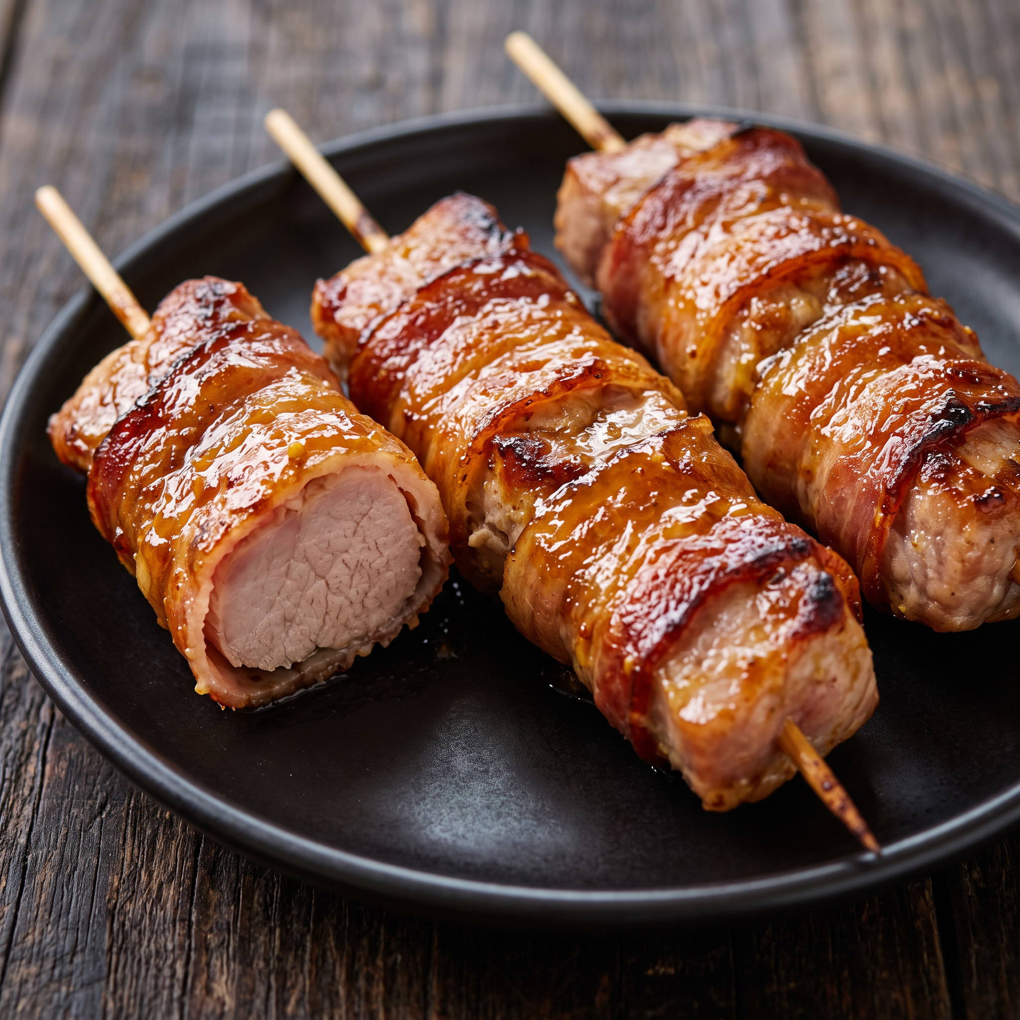 Speckumwickelte Schweinespieße mit Orangen-Senf-Glasur