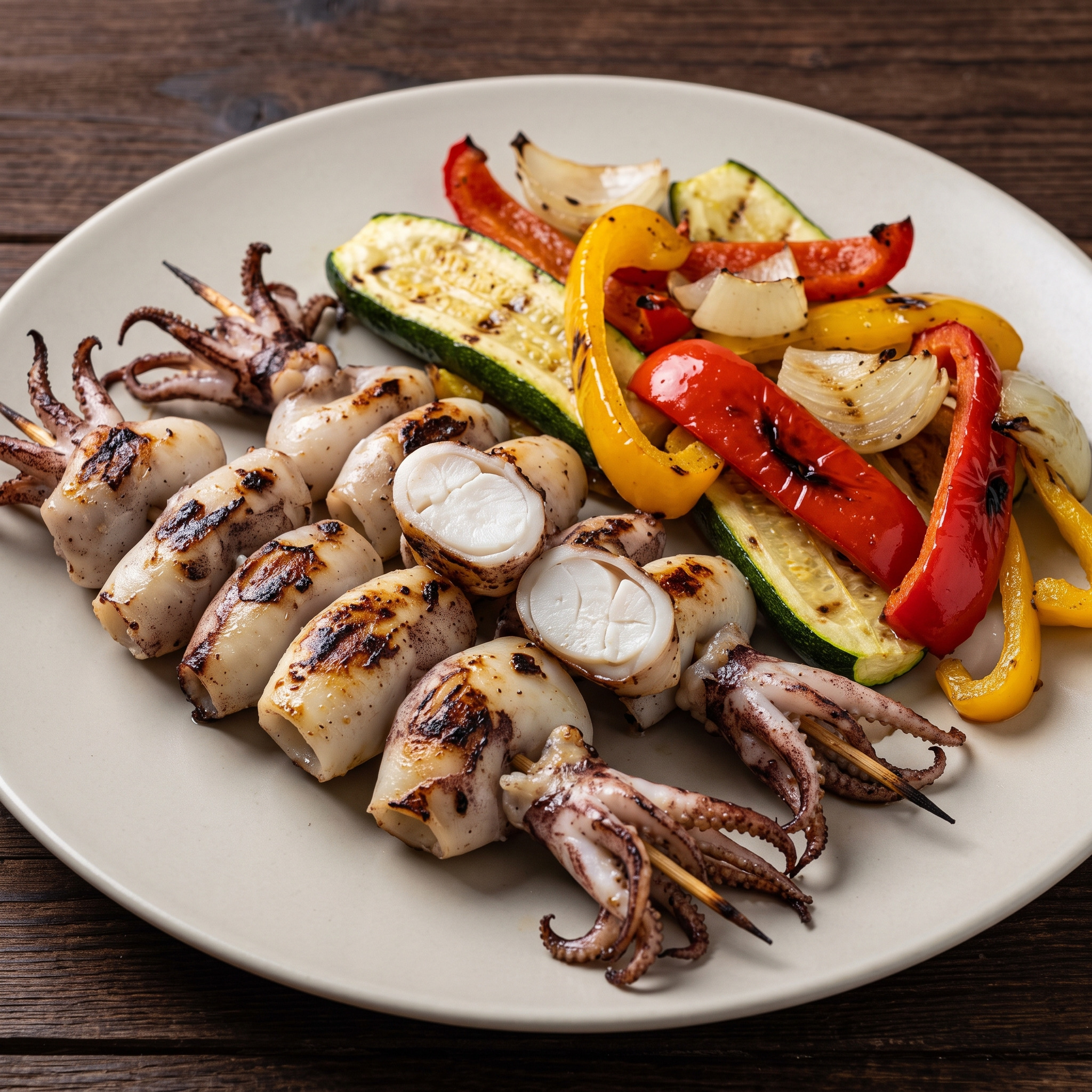 Tintenfischspieße mit Grillgemüse